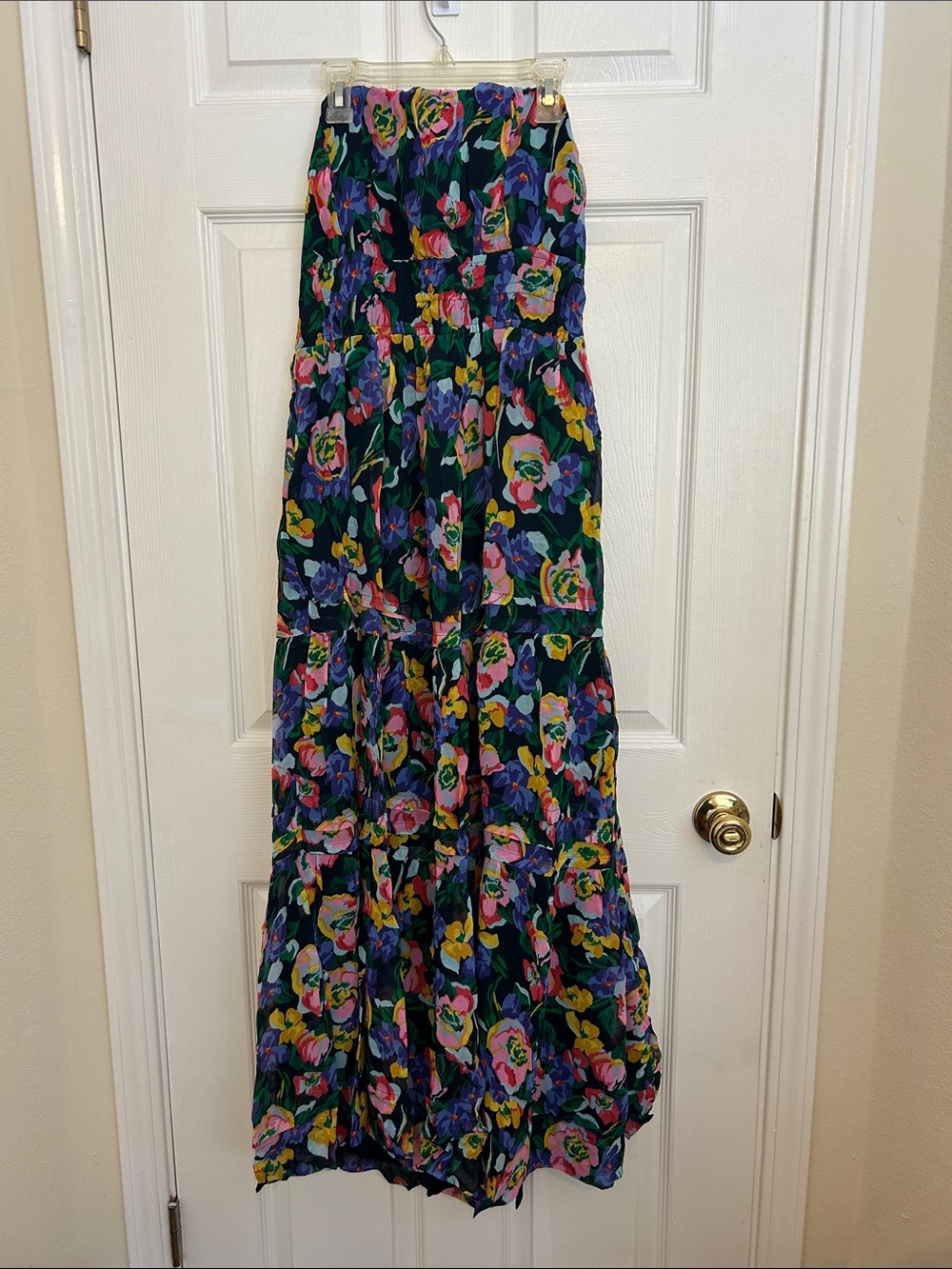 Anthropologie Navy Floral Tiered Maxi Dress with Multicolor Blooms